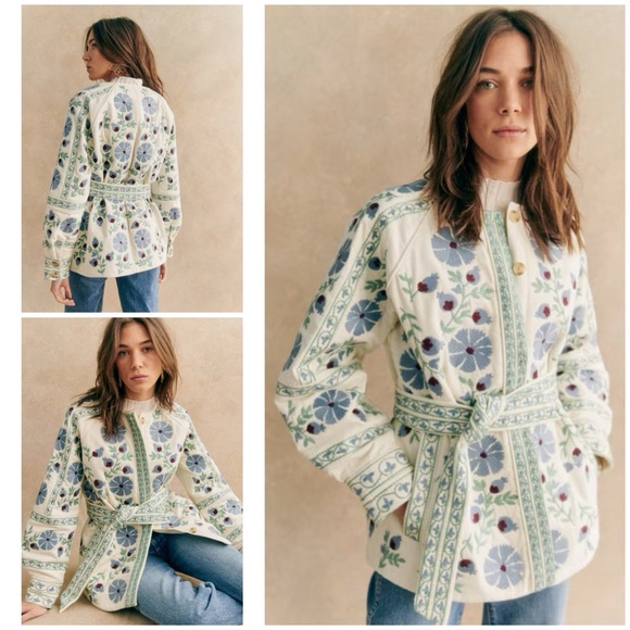 Sezane Jackets & Blazers - NWT Sézane Renato Embroidered Floral Sezane Organic Cotton Belted Jacket US 2